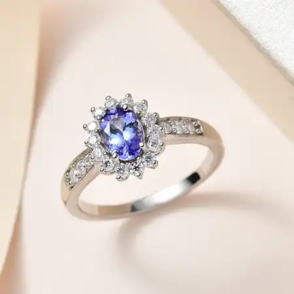 Spectacular Tanzanite Moissanite Sunburst Platinum over Sterling Silver Ring - Picture 8 of 10